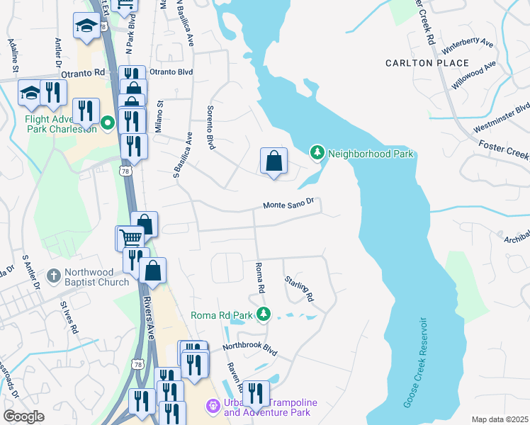 map of restaurants, bars, coffee shops, grocery stores, and more near 21 Monte Sano Drive in Hanahan