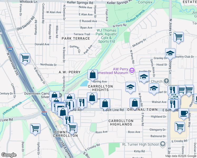 map of restaurants, bars, coffee shops, grocery stores, and more near 1303 Clint Street in Carrollton