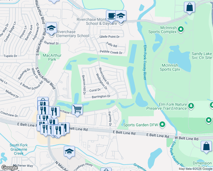 map of restaurants, bars, coffee shops, grocery stores, and more near 508 Wellington Drive in Coppell
