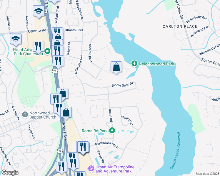 map of restaurants, bars, coffee shops, grocery stores, and more near 21 Monte Sano Drive in Hanahan