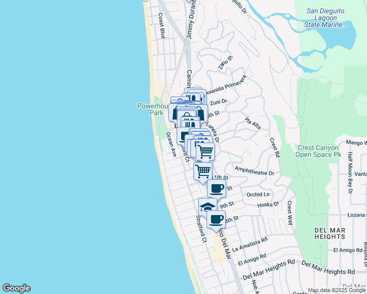 map of restaurants, bars, coffee shops, grocery stores, and more near 1329 Stratford Court in Del Mar
