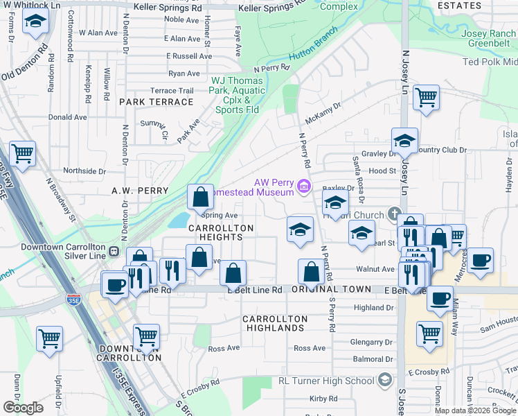 map of restaurants, bars, coffee shops, grocery stores, and more near 1455 Perry Road in Carrollton