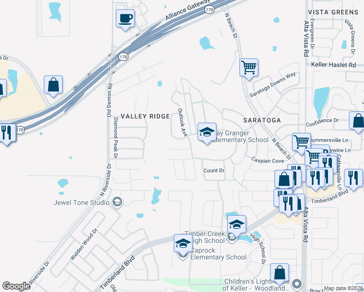 map of restaurants, bars, coffee shops, grocery stores, and more near 3241 Outlook Court in Fort Worth