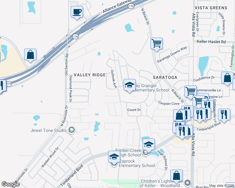 map of restaurants, bars, coffee shops, grocery stores, and more near 3241 Outlook Court in Fort Worth