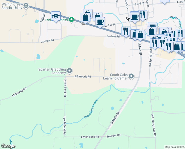 map of restaurants, bars, coffee shops, grocery stores, and more near 362-436 J E Woody Road in Springtown