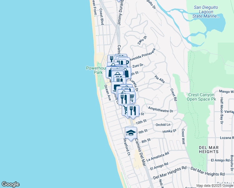 map of restaurants, bars, coffee shops, grocery stores, and more near 1329 Stratford Ct in Del Mar