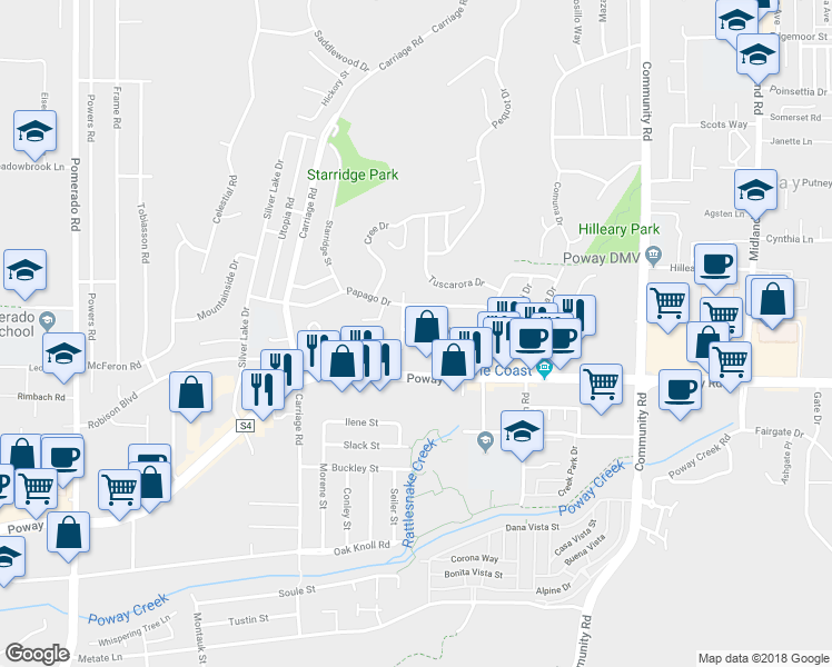 map of restaurants, bars, coffee shops, grocery stores, and more near 13005 Wanesta Drive in Poway
