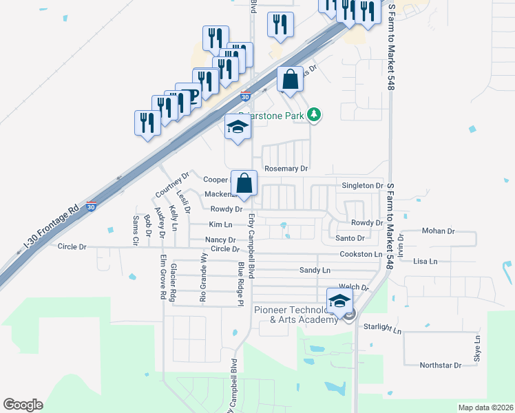map of restaurants, bars, coffee shops, grocery stores, and more near 1529 Hardy Drive in Royse City