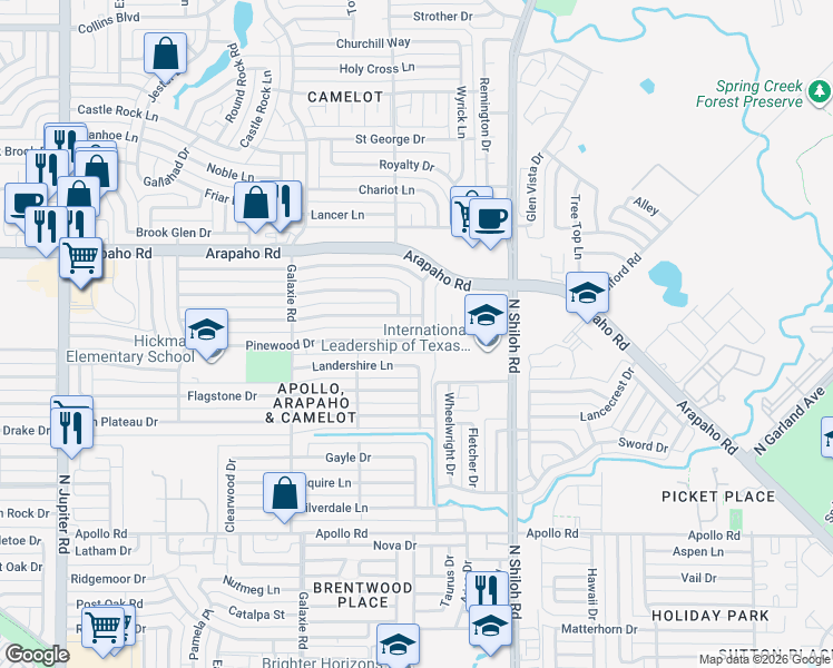 map of restaurants, bars, coffee shops, grocery stores, and more near 2101 Pinewood Drive in Garland
