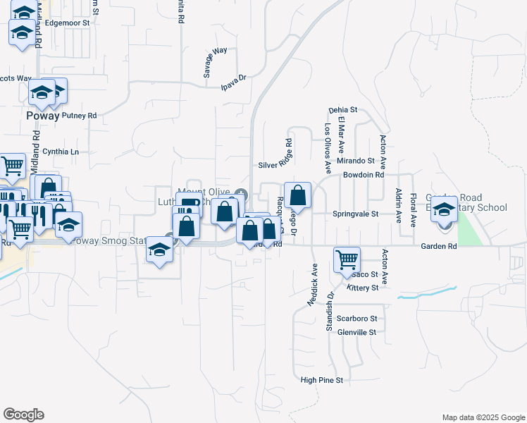 map of restaurants, bars, coffee shops, grocery stores, and more near 13433 Sutter Mill Road in Poway