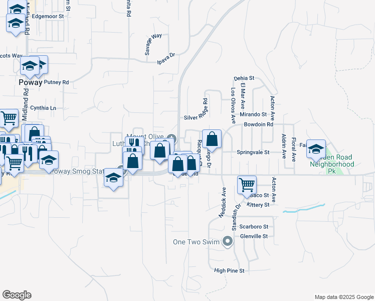 map of restaurants, bars, coffee shops, grocery stores, and more near 13409 Sutter Mill Road in Poway
