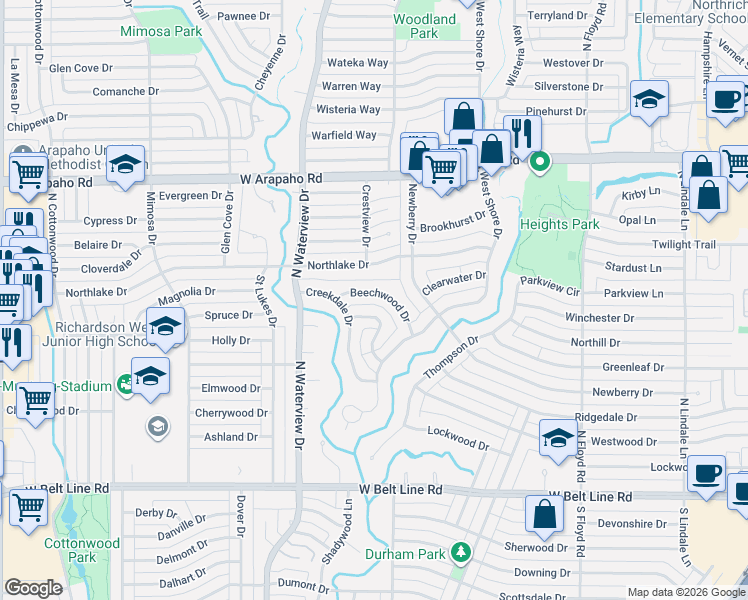 map of restaurants, bars, coffee shops, grocery stores, and more near 909 Beechwood Drive in Richardson