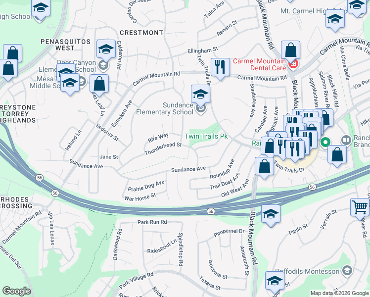 map of restaurants, bars, coffee shops, grocery stores, and more near 13243 Thunderhead Street in San Diego