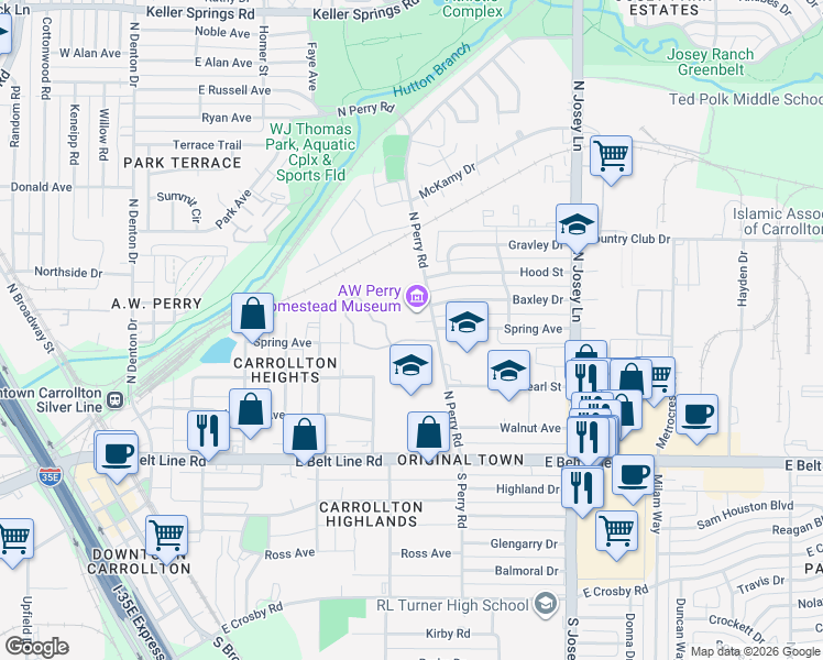 map of restaurants, bars, coffee shops, grocery stores, and more near 1501 Perry Road in Carrollton