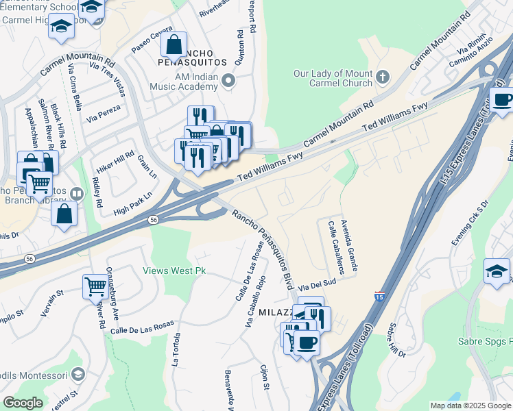 map of restaurants, bars, coffee shops, grocery stores, and more near 13303 Rancho Peñasquitos Boulevard in San Diego