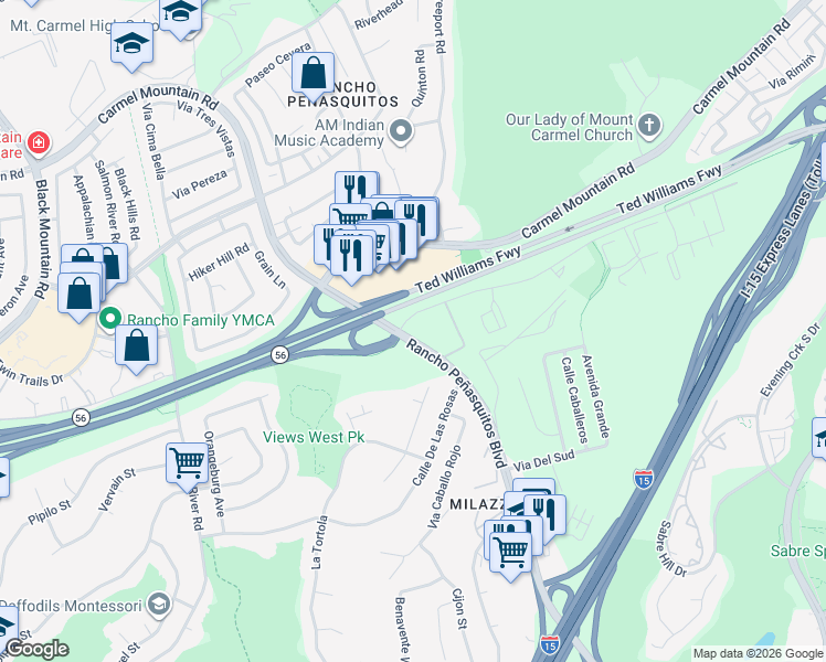 map of restaurants, bars, coffee shops, grocery stores, and more near 13343 Rancho Peñasquitos Boulevard in San Diego