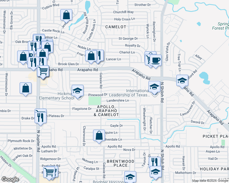 map of restaurants, bars, coffee shops, grocery stores, and more near 2829 Pinewood Drive in Garland