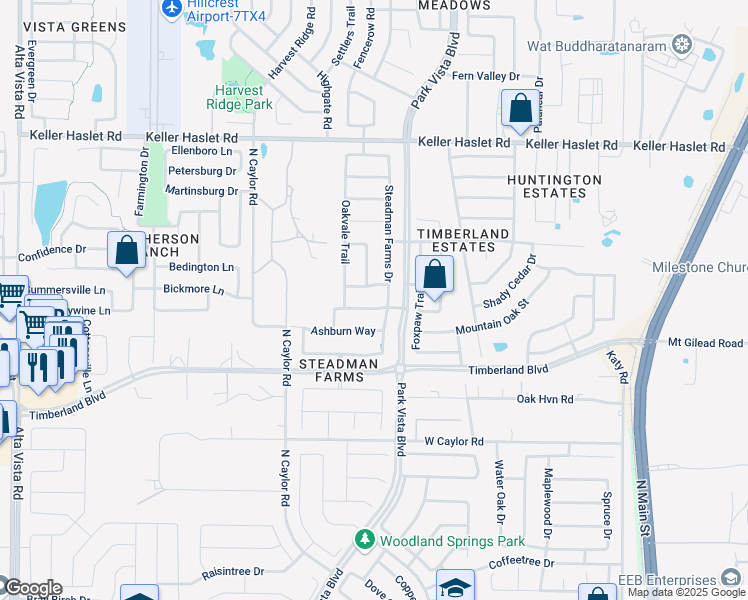 map of restaurants, bars, coffee shops, grocery stores, and more near 4321 Rustic Timbers Drive in Keller