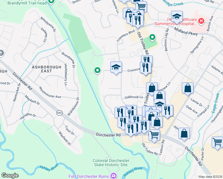 map of restaurants, bars, coffee shops, grocery stores, and more near 133 Saint Phillips Row in Summerville