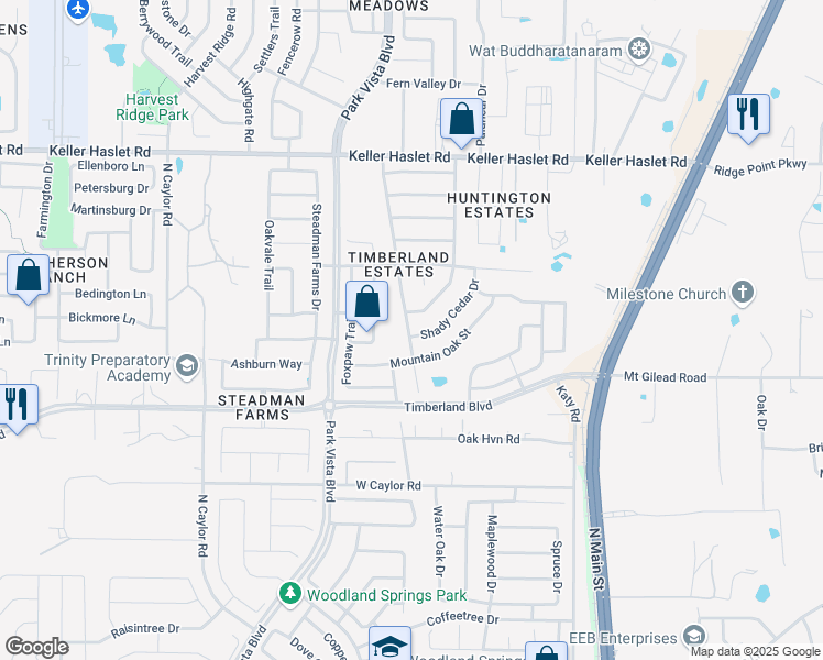 map of restaurants, bars, coffee shops, grocery stores, and more near 12601 Shady Cedar Drive in Fort Worth