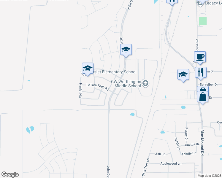 map of restaurants, bars, coffee shops, grocery stores, and more near 1257 Agape Drive in Haslet