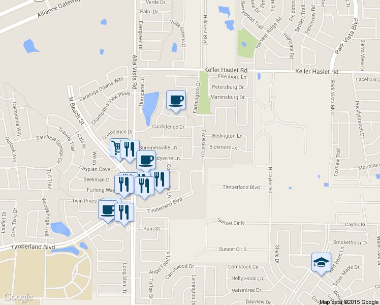 map of restaurants, bars, coffee shops, grocery stores, and more near 12713 Hannahsville Ln in Fort Worth