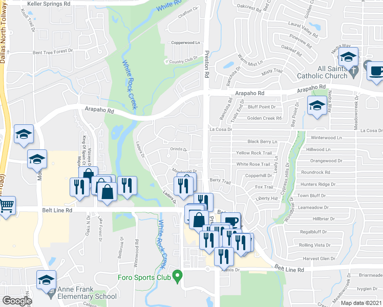 map of restaurants, bars, coffee shops, grocery stores, and more near 15475 Preston Road in Dallas