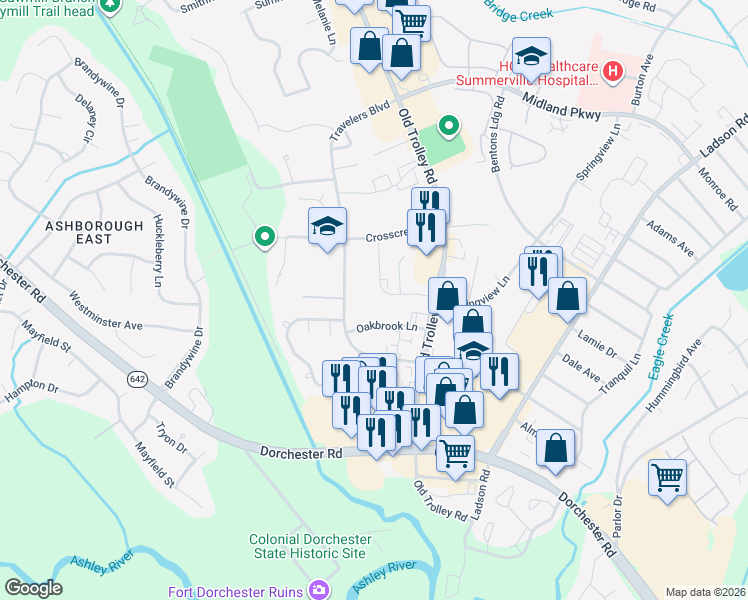 map of restaurants, bars, coffee shops, grocery stores, and more near 2 Springview Lane in Summerville