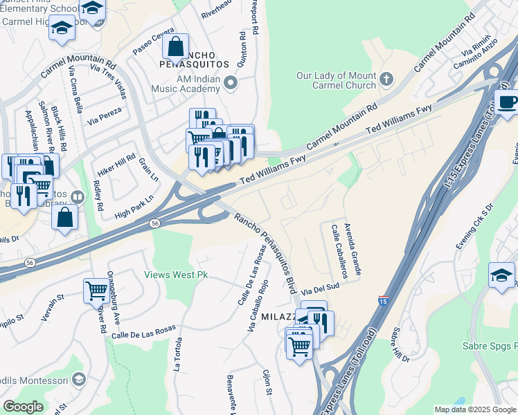 map of restaurants, bars, coffee shops, grocery stores, and more near 9939 Azuaga Street in San Diego