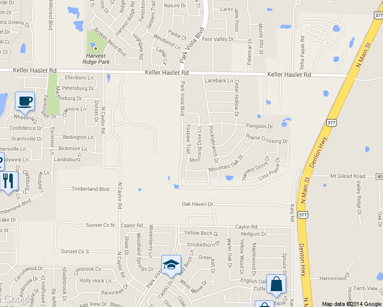 map of restaurants, bars, coffee shops, grocery stores, and more near 12640 Mourning Dove Lane in Fort Worth