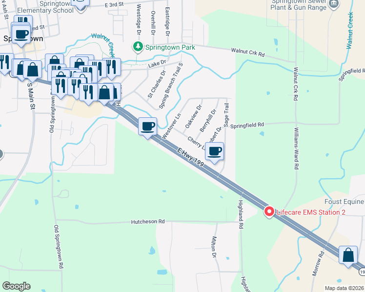 map of restaurants, bars, coffee shops, grocery stores, and more near 821 East Highway 199 in Springtown