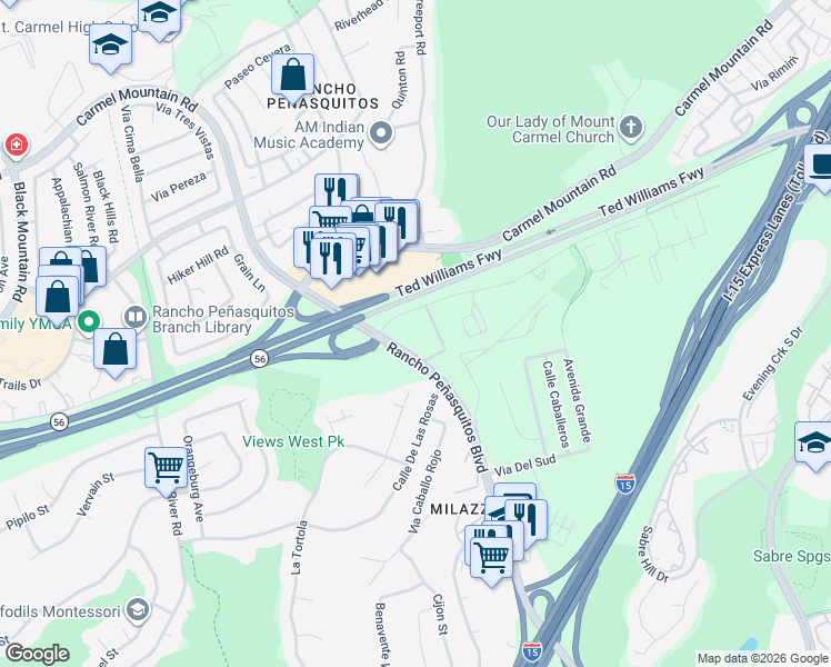 map of restaurants, bars, coffee shops, grocery stores, and more near 9939 Azuaga Street in San Diego