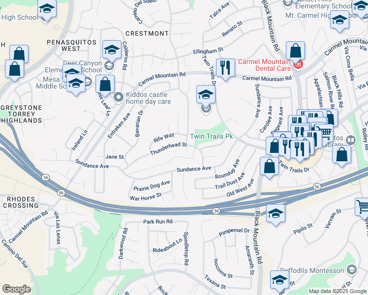 map of restaurants, bars, coffee shops, grocery stores, and more near 13243 Thunderhead Street in San Diego