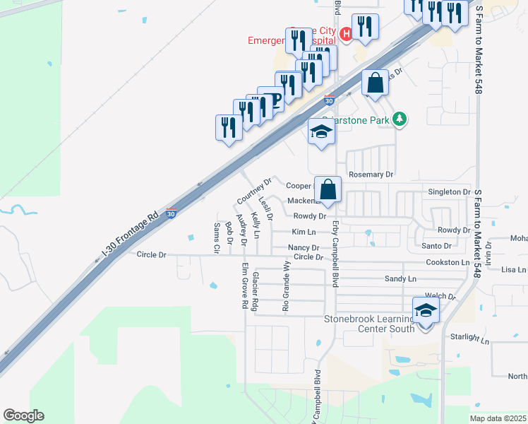 map of restaurants, bars, coffee shops, grocery stores, and more near 1601 Lesli Drive in Royse City