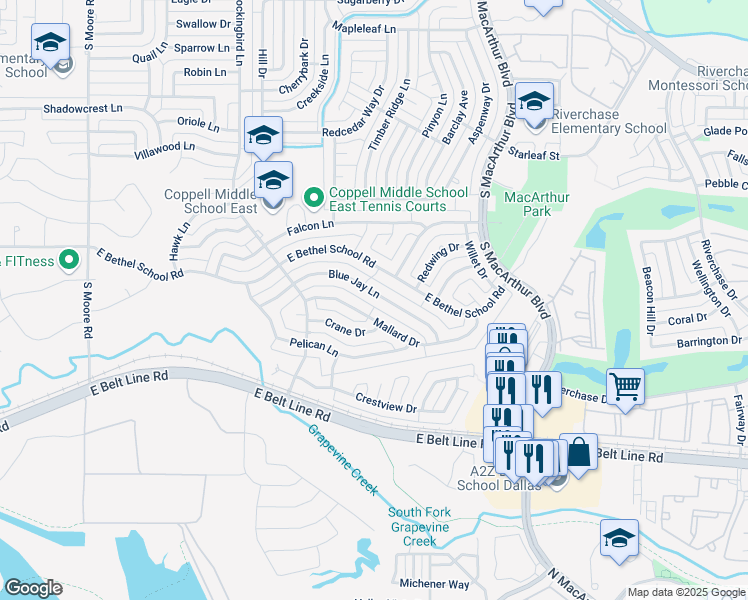 map of restaurants, bars, coffee shops, grocery stores, and more near 909 Blue Jay Lane in Coppell