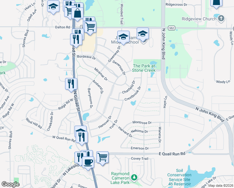 map of restaurants, bars, coffee shops, grocery stores, and more near 2221 Hyer Drive in Rockwall
