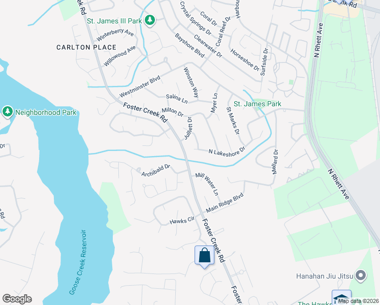 map of restaurants, bars, coffee shops, grocery stores, and more near 171 North Lakeshore Drive in Goose Creek