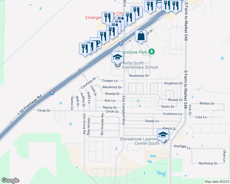 map of restaurants, bars, coffee shops, grocery stores, and more near 720 Rowdy Drive in Royse City