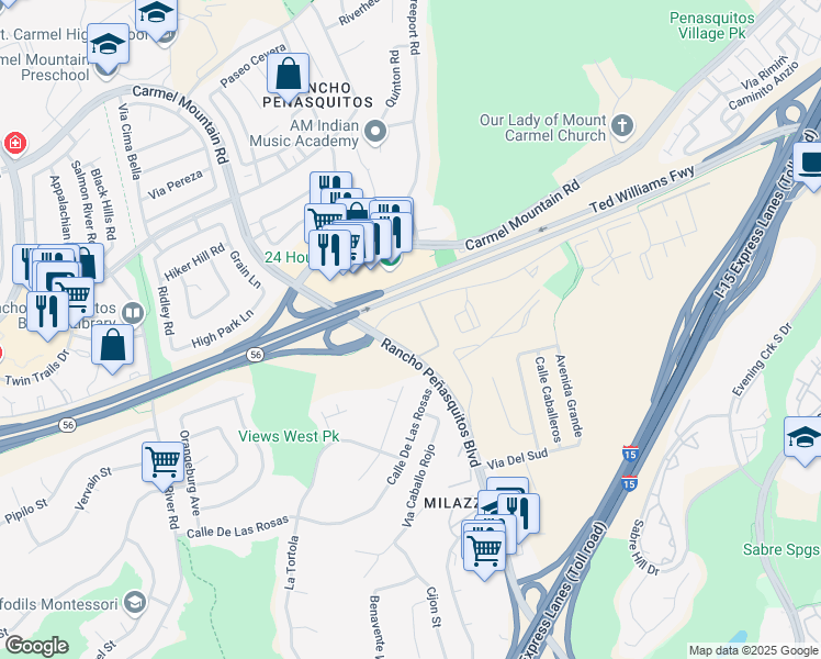 map of restaurants, bars, coffee shops, grocery stores, and more near 13303 Rancho Penasquitos Boulevard in San Diego