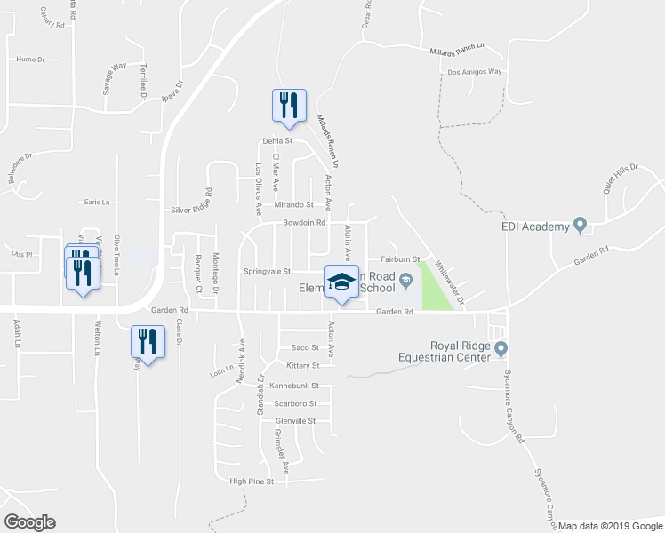 map of restaurants, bars, coffee shops, grocery stores, and more near 14574 Springvale Street in Poway
