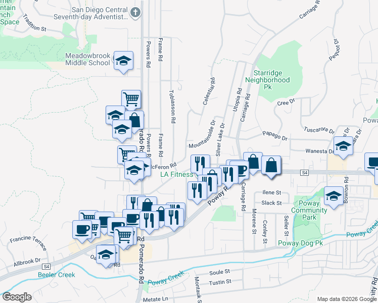 map of restaurants, bars, coffee shops, grocery stores, and more near 12561 McFeron Road in Poway