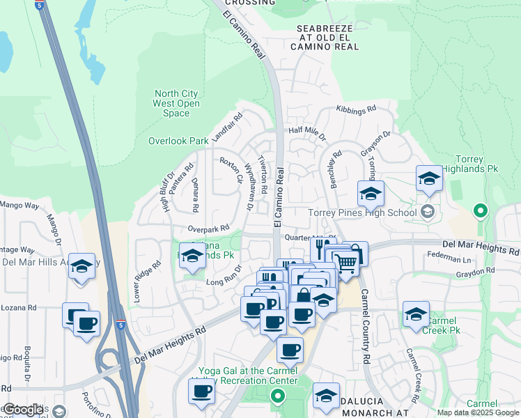 map of restaurants, bars, coffee shops, grocery stores, and more near 13323 Tiverton Road in San Diego