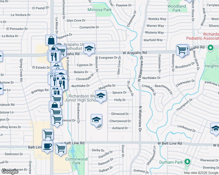 map of restaurants, bars, coffee shops, grocery stores, and more near 1225 Magnolia Drive in Richardson