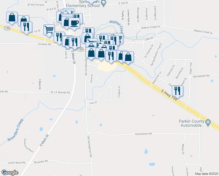 map of restaurants, bars, coffee shops, grocery stores, and more near 320 Jean Drive in Springtown
