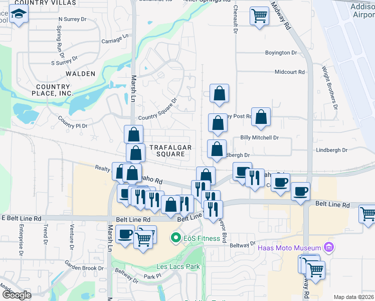 map of restaurants, bars, coffee shops, grocery stores, and more near 3222 Squireswood Drive in Carrollton