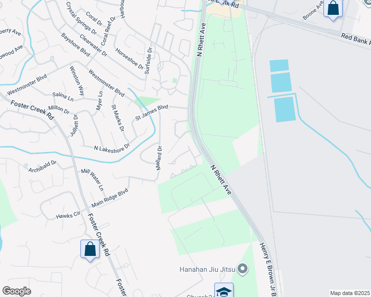 map of restaurants, bars, coffee shops, grocery stores, and more near 106 Green Castle Drive in Goose Creek