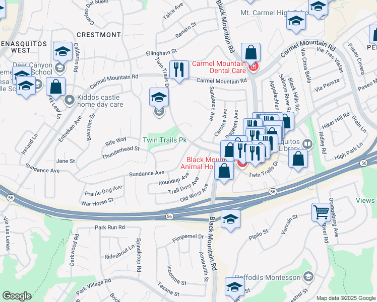 map of restaurants, bars, coffee shops, grocery stores, and more near 13135 Sundance Ave in San Diego