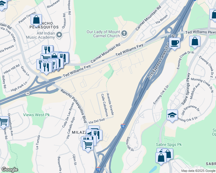 map of restaurants, bars, coffee shops, grocery stores, and more near 13221 Avenida Grande in San Diego