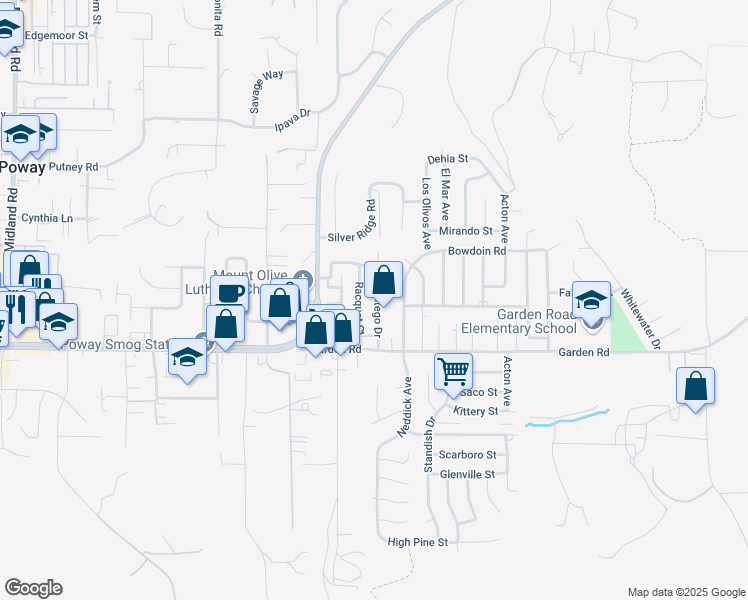 map of restaurants, bars, coffee shops, grocery stores, and more near 13404 Montego Drive in Poway
