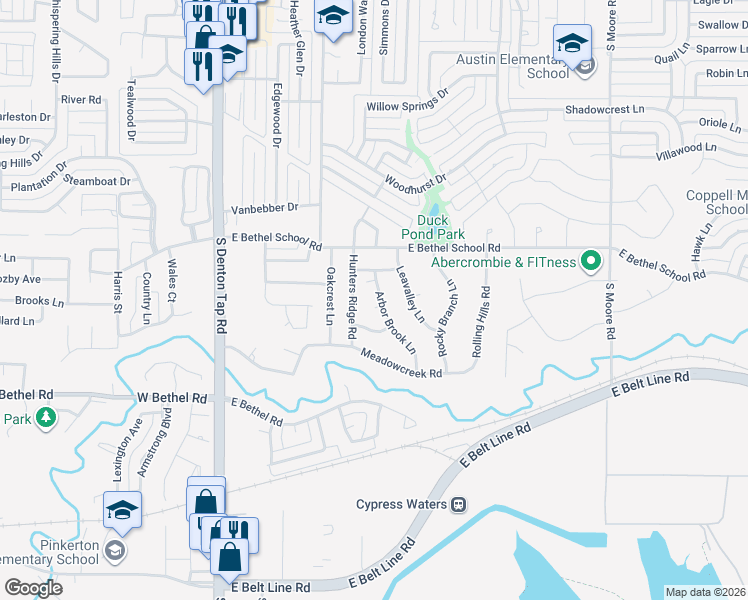 map of restaurants, bars, coffee shops, grocery stores, and more near 525 Arbor Brook Lane in Coppell